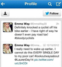 A screen capture shows a tweet sent by Emma Way after she was involved in a collision Sunday. She has apologized for the incident.