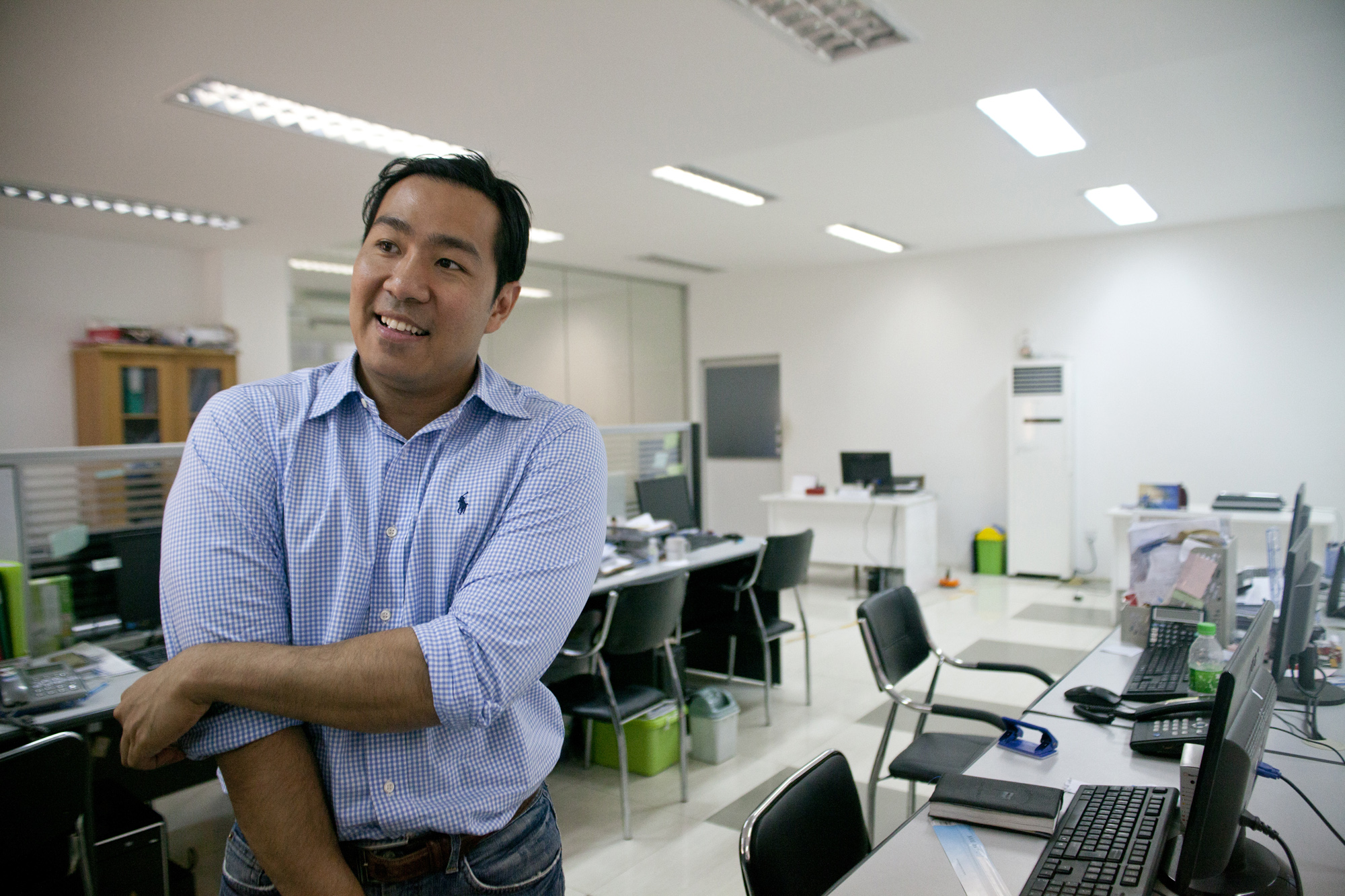 Educated in the U.S., Aung worked in Silicon Valley for a number of tech companies, including Google, before returning to Myanmar. Here he is at his office shortly after closing time. His employees keep to a tight schedule starting early in the morning and leaving at 5:30 pm every day. 