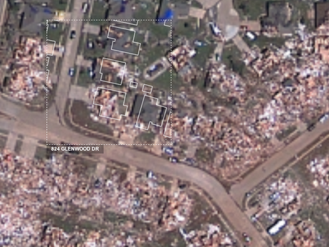 This map shows just-released satellite imagery of the damage from the tornado that struck Moore, Okla., and vicinity on May 20.