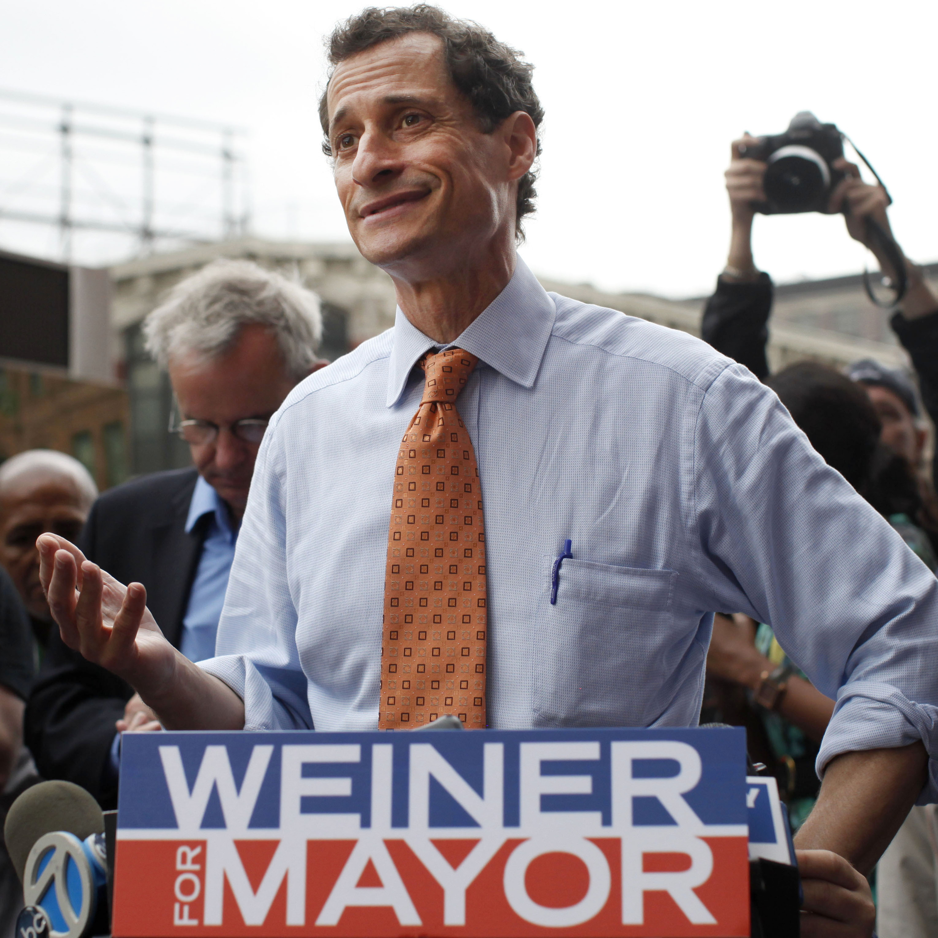 New York City mayoral hopeful Anthony Weiner speaks to reporters during a campaign event on May 23.