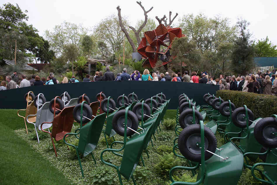 This show garden has plenty of wheelbarrows, but are there any gnomes? 