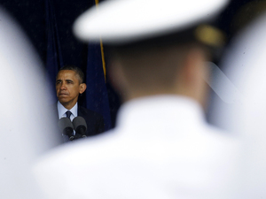 President Obama speaks at the commencement ceremony for the United States Naval Academy in Annapolis, Md., on Friday. The president urged new graduates to exhibit honor and courage in tackling incidents of sexual assault as they assume leadership positions in the military. President Obama speaks at the commencement ceremony for the United States Naval Academy in Annapolis, Md., on Friday. The president urged new graduates to exhibit honor and courage in tackling incidents of sexual assault as they assume leadership positions in the military.