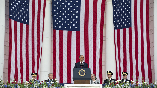 President Obama speaks during a Memorial Day ceremony at the Tomb of the Unknowns at Arlington National Cemetery in Arlington, Va.