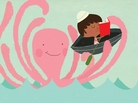 Illustration: A little boy in a boat reads a book as the boat is picked up by an octopus. Illustration: A little boy in a boat reads a book as the boat is picked up by an octopus.