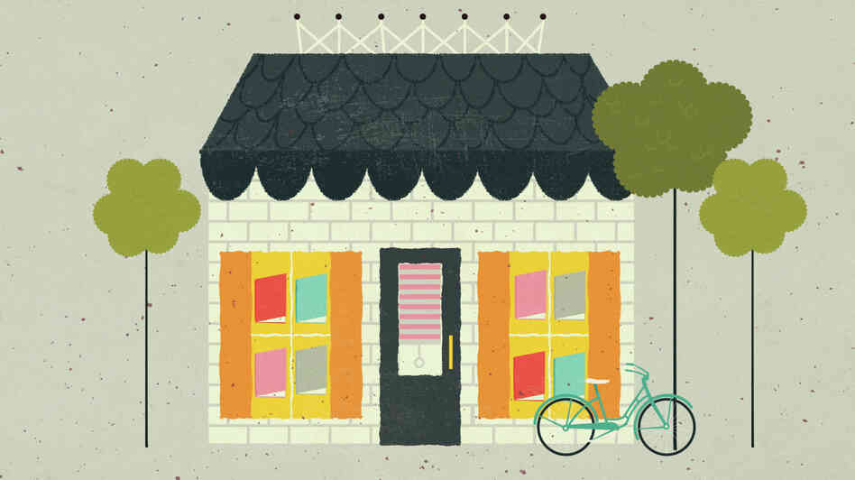 Illustration: Independent bookstore and bike. Illustration: Independent bookstore and bike.