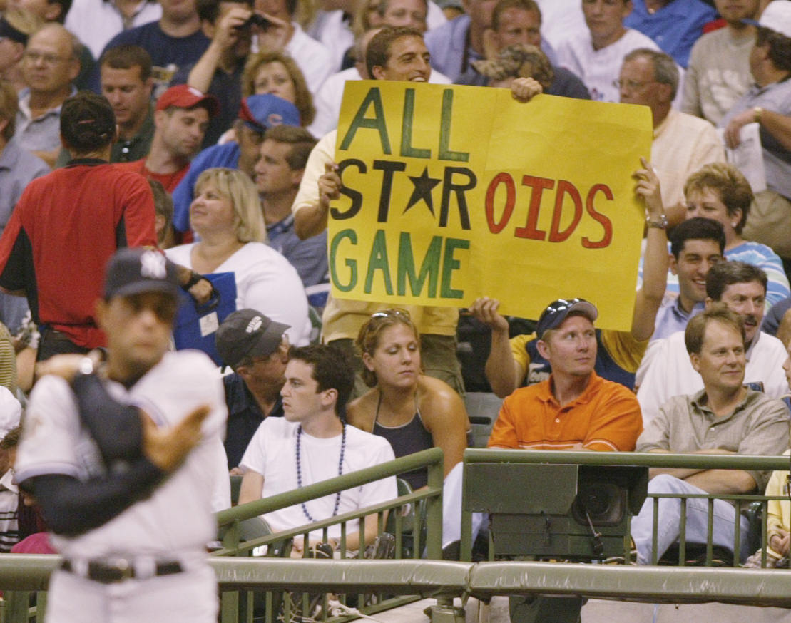 A fan raises his objections at the 2002 Major League Baseball All Star Game.