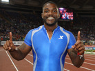 American sprinter Justin Gatlin celebrates winning the 100m men's race at the IAAF Golden Gala at Stadio Olimpico in Rome Thursday. He defeated world record-holder Usain Bolt in the event. American sprinter Justin Gatlin celebrates winning the 100m men's race at the IAAF Golden Gala at Stadio Olimpico in Rome Thursday. He defeated world record-holder Usain Bolt in the event.