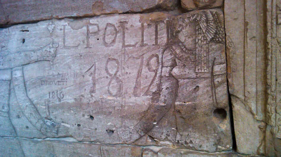 Inside the Egyptian temple Dendur are carved the names "L. Politi 1819" and "Drovetti, 1816." Inside the Egyptian temple Dendur are carved the names "L. Politi 1819" and "Drovetti, 1816."