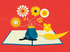 Illustration: A vase of flowers on top of a book. Illustration: A vase of flowers on top of a book.