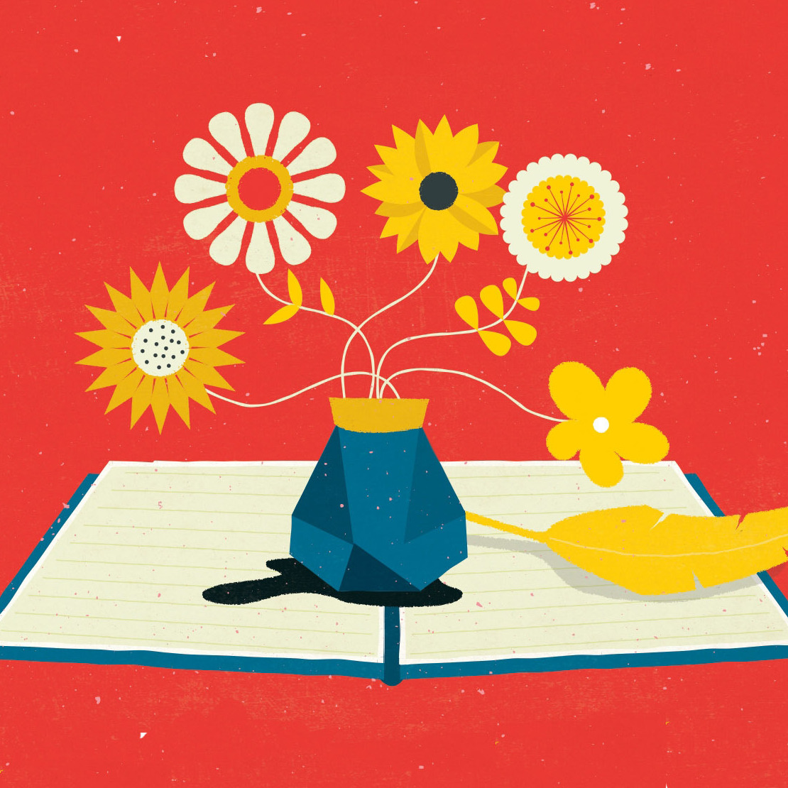 Illustration: A vase of flowers on top of a book.