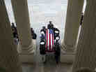 Military pallbearers carry the coffin of the late New Jersey Sen. Frank Lautenberg into the Senate chamber on Thursday. He was the only remaining World War II veteran in the Senate.