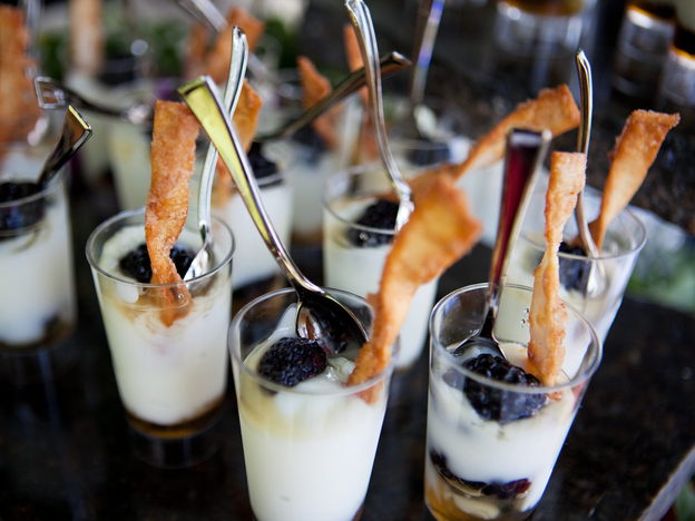 Low-fat yogurt parfaits with berries are currently sold in kiosks along the National Mall in D.C. The version served at the tasting event came topped with cinnamon wonton crisps.