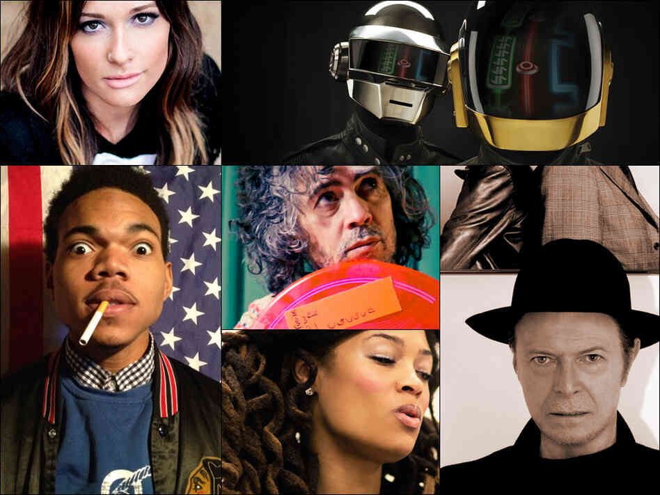 Clockwise from upper left: Kacey Musgraves, Daft Punk, David Bowie, Valerie June, Chance The Rapper, Wayne Coyne of the Flaming Lips Clockwise from upper left: Kacey Musgraves, Daft Punk, David Bowie, Valerie June, Chance The Rapper, Wayne Coyne of the Flaming Lips