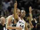 The San Antonio Spurs' Manu Ginobili (left) congratulates teammate Gary Neal on his three-pointer during Tuesday night's game.