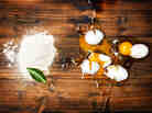 At left: Beyond Eggs' egg-substitute product, a powder made of pulverized plant-based compounds. Right: Mother Nature's version.
