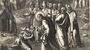 A woodcut from the 1800s, <em>Healing the Lepers</em>, depicts the common tableau of Jesus healing a leper as his disciples look on.