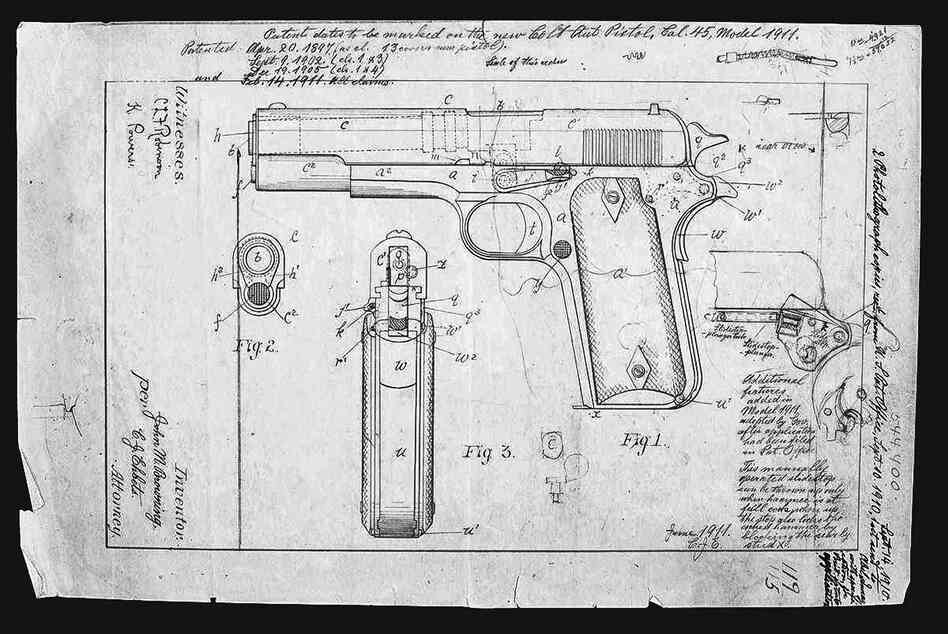 Firearms designer John Browning submitted this design for the M1911 pistol to the U.S. Patent Office in September 1910. Firearms designer John Browning submitted this design for the M1911 pistol to the U.S. Patent Office in September 1910.