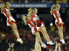 University of Louisville cheerleaders hurled into the air during the first half of the NCAA Final Four tournament college basketball semifinal game against Wichita State in April. University of Louisville cheerleaders hurled into the air during the first half of the NCAA Final Four tournament college basketball semifinal game against Wichita State in April.