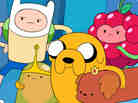Finn is in the middle, with the skinny arms. Jake is the dog. Together, they have Adventure Time. Finn is in the middle, with the skinny arms. Jake is the dog. Together, they have Adventure Time.