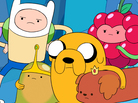 Finn is in the middle, with the skinny arms. Jake is the dog. Together, they have Adventure Time. Finn is in the middle, with the skinny arms. Jake is the dog. Together, they have Adventure Time.