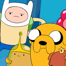 Finn is in the middle, with the skinny arms. Jake is the dog. Together, they have Adventure Time. Finn is in the middle, with the skinny arms. Jake is the dog. Together, they have Adventure Time.