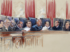 This artist rendering shows Supreme Court Justices (from left) Sonia Sotomayor, Stephen Breyer, Clarence Thomas, Antonin Scalia, John Roberts, Anthony Kennedy, Ruth Bader Ginsburg, Samuel Alito and Elena Kagan in 2012. This artist rendering shows Supreme Court Justices (from left) Sonia Sotomayor, Stephen Breyer, Clarence Thomas, Antonin Scalia, John Roberts, Anthony Kennedy, Ruth Bader Ginsburg, Samuel Alito and Elena Kagan in 2012.