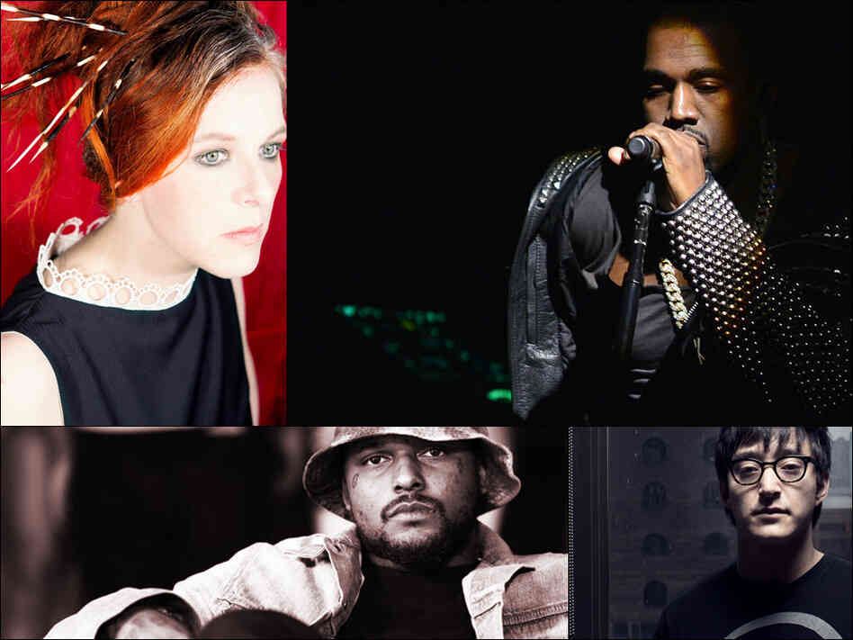 Clockwise from upper left: Neko Case, Kanye West, Shigeto, Schoolboy Q Clockwise from upper left: Neko Case, Kanye West, Shigeto, Schoolboy Q