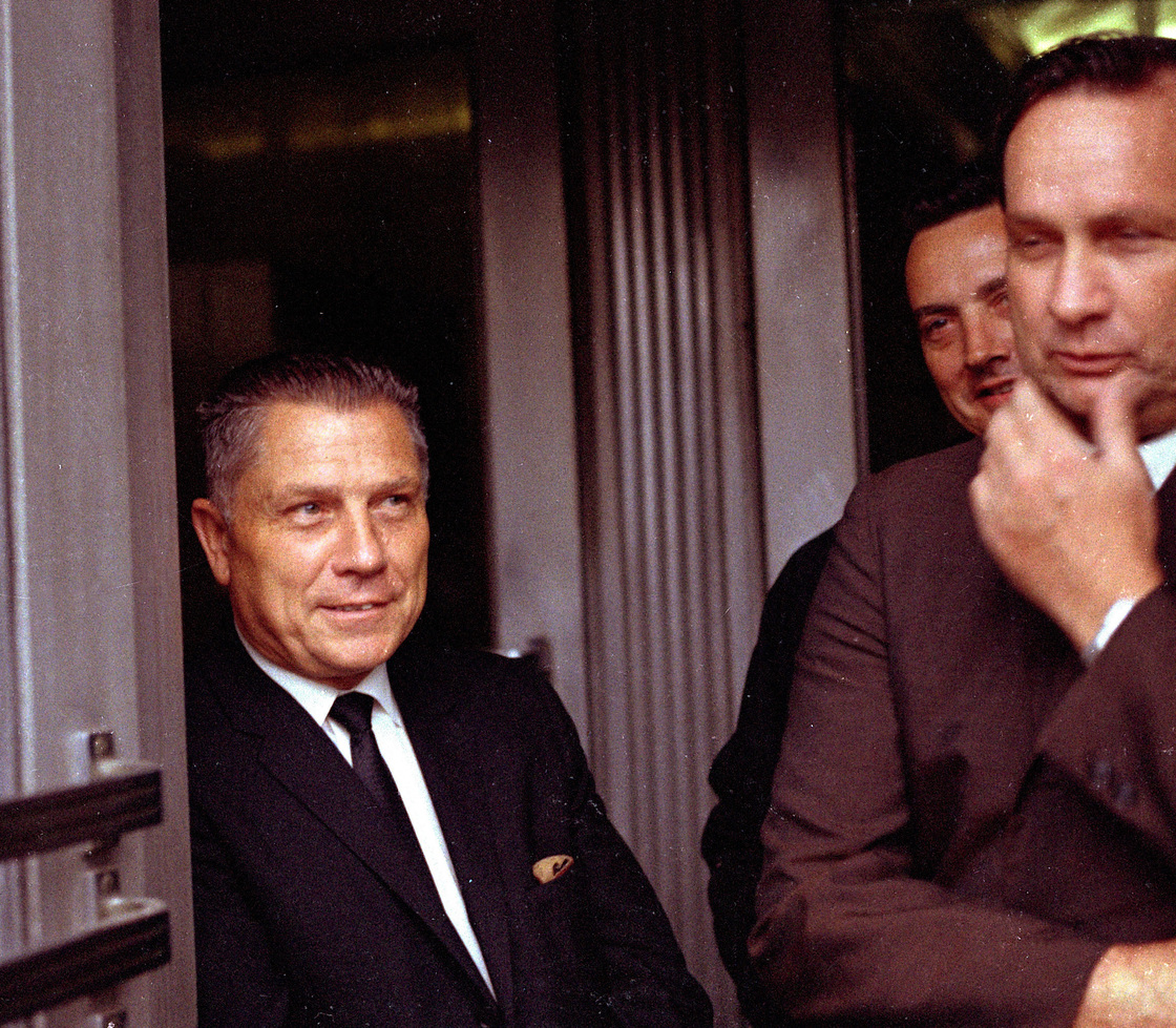 Teamsters Union leader Jimmy Hoffa (left) is pictured in Chattanooga, Tenn., on Aug. 21, 1969.