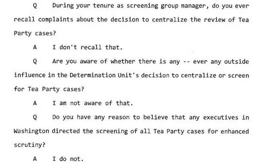 Excerpt from a transcript of an interview between congressional investigators and a screening group manager in the IRS Cincinnati field office. Excerpt from a transcript of an interview between congressional investigators and a screening group manager in the IRS Cincinnati field office.