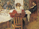 A table (Le Dejeuner), an 1892 oil painting by Edouard Vuillard, appears to show a quiet domestic scene. But Isabelle Cahn, the curator of a new show at the Musee d'Orsay, says this painting actually depicts a scandal-ridden household. A table (Le Dejeuner), an 1892 oil painting by Edouard Vuillard, appears to show a quiet domestic scene. But Isabelle Cahn, the curator of a new show at the Musee d'Orsay, says this painting actually depicts a scandal-ridden household.