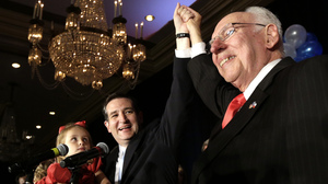 Ted Cruz celebrates his victory in the Texas Senate race with his father, Rafael, and daughter Caroline on Nov. 6, 2012, in Houston.