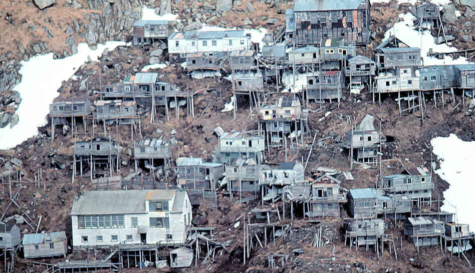 Seen here in 1978, Ukivok, the stilt village on Alaska's King Island, was abandoned after its only school closed in 1959. Seen here in 1978, Ukivok, the stilt village on Alaska's King Island, was abandoned after its only school closed in 1959.