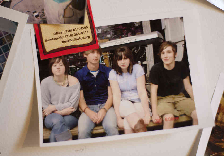The Ackleys circa 2005, in a photo that now hangs on the Crutchfield sisters' refrigerator. Left to right: Allison Crutchfield, Michael McClellan, Katie Crutchfield, Carter Wilson. The Ackleys circa 2005, in a photo that now hangs on the Crutchfield sisters' refrigerator. Left to right: Allison Crutchfield, Michael McClellan, Katie Crutchfield, Carter Wilson.