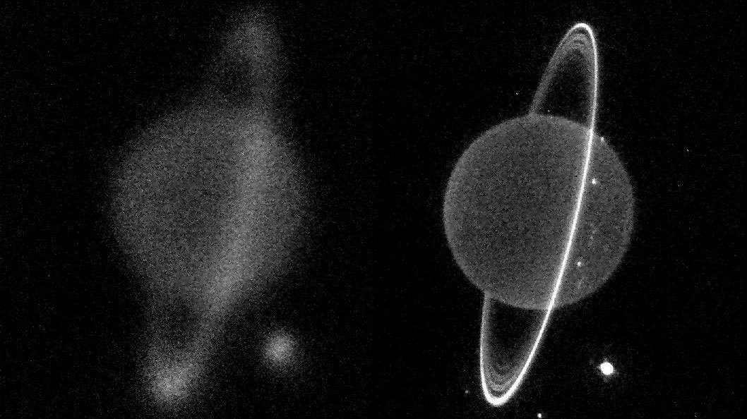 Before And After: These near-infrared images of Uranus show the planet as seen without adaptive optics (left) and with the technology turned on (right). (Image credit: Courtesy of Heidi B. Hammel and Imke de Pater)