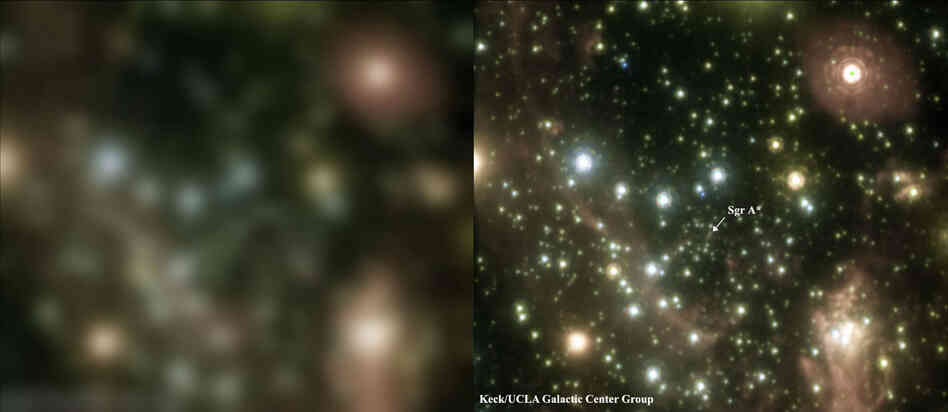 This pair of images of the Galactic Center, the rotational center of the Milky Way galaxy, shows how adaptive optics technology can sharpen a telescope's view. This pair of images of the Galactic Center, the rotational center of the Milky Way galaxy, shows how adaptive optics technology can sharpen a telescope's view.