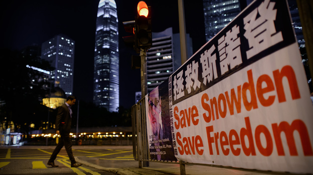 A banner shows support for Edward Snowden, in Hong Kong on Monday. (AFP/Getty Images)