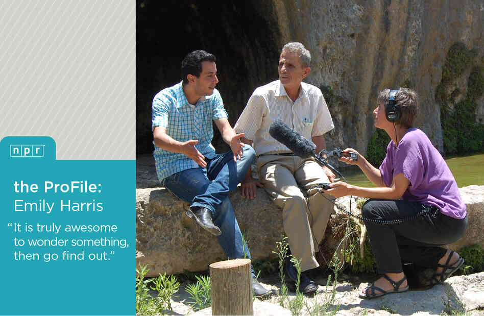 NPR International Correspondent Emily Harris in the West Bank interviewing Palestinian villagers about land and water issues. NPR International Correspondent Emily Harris in the West Bank interviewing Palestinian villagers about land and water issues.