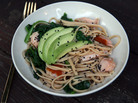 Linguini and Spinach with Smoked Salmon, Avocado and Gingery Almond-Lime Dressing Linguini and Spinach with Smoked Salmon, Avocado and Gingery Almond-Lime Dressing
