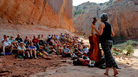 At the Moab Festival in Utah, patrons can hike to a secret spot to hear concerts. At the Moab Festival in Utah, patrons can hike to a secret spot to hear concerts.