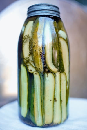 These snappy dill pickles were once Kirby cucumbers. The canning liquid is made with vinegar, fennel and coriander seeds that give them their distinct tart flavor.