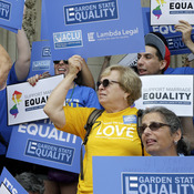 Advocates for gay marriage in gather outside the New Jersey Statehouse on Thursday.
