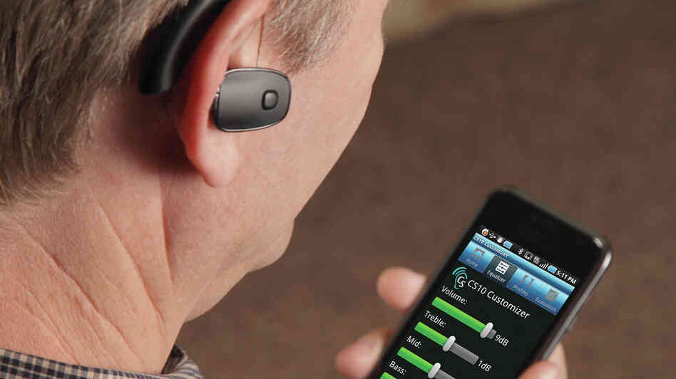 Sound World Solution's hearing device lets a user customize its settings using a Bluetooth connection and a smartphone. Sound World Solution's hearing device lets a user customize its settings using a Bluetooth connection and a smartphone.