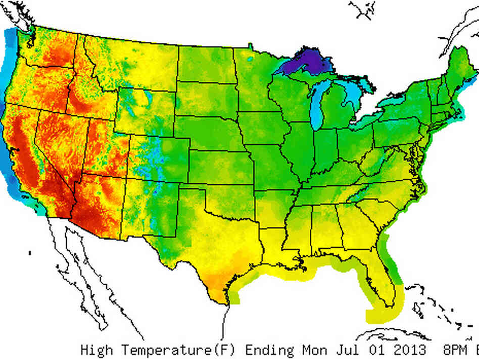 The National Weather Service predicts triple-digit temperatures in the Southwest until at least Wednesday. The temperature in Death Valley hit 128 degrees Sunday, a record high for June in the United States. The National Weather Service predicts triple-digit temperatures in the Southwest until at least Wednesday. The temperature in Death Valley hit 128 degrees Sunday, a record high for June in the United States.