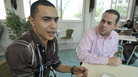 Tunisian rapper Ala Yaacoubi, also known by his rap name Weld El 15, left, speaks alongside his lawyer, Ghazi Mrabet, before his trial last month. Tunisian rapper Ala Yaacoubi, also known by his rap name Weld El 15, left, speaks alongside his lawyer, Ghazi Mrabet, before his trial last month.