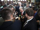 Texas reporters surround state Sen. Kirk Watson, D-Austin, on Monday. Texas reporters surround state Sen. Kirk Watson, D-Austin, on Monday.