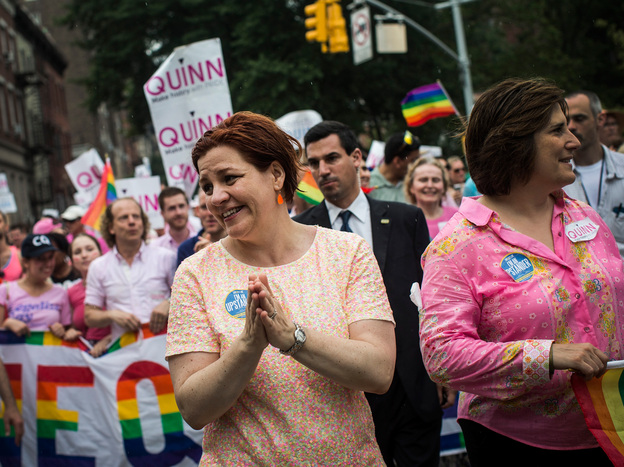 Mayoral candidate Christine Quinn marches in the New York Gay Pride Parade on June 30. (Image credit: Getty Images)