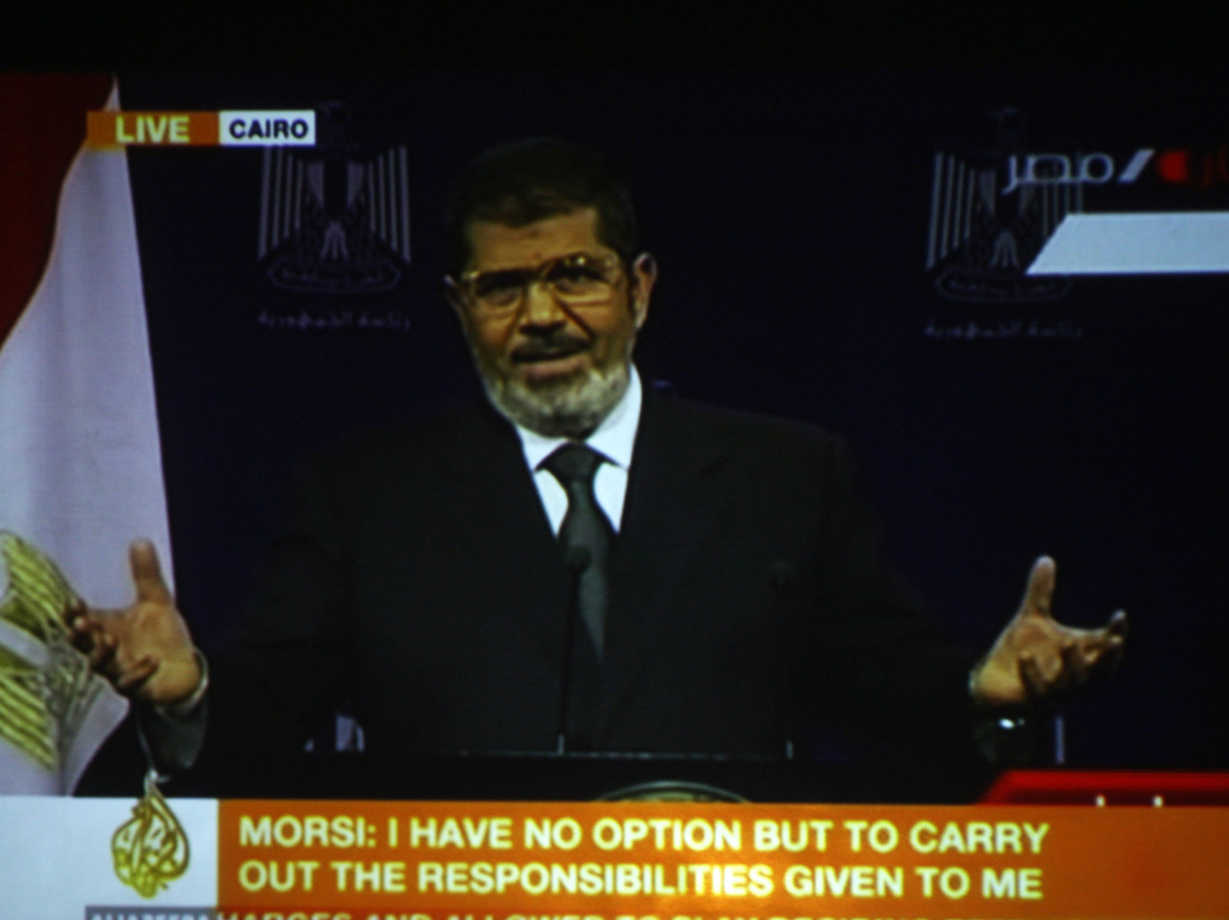 In an image from a video broadcast on Egyptian state TV, President Mohammed Morsi addresses the nation on July 2 — his final speech before the military deposed him.