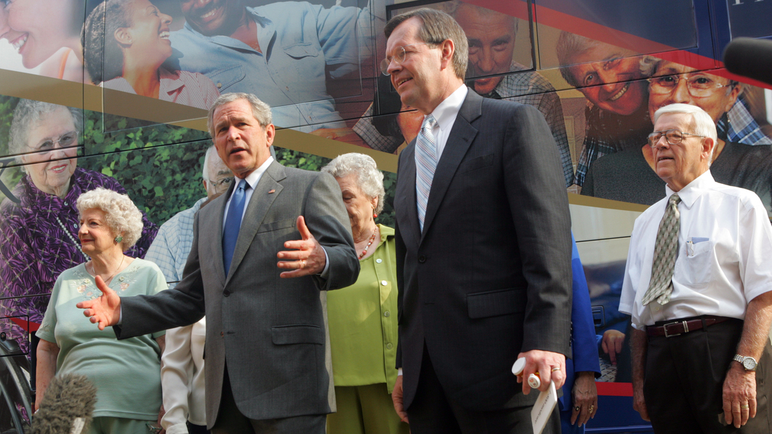 Back in 2006, President Bush and Health and Human Services Secretary Michael Leavitt talked with reporters during a trip to Florida, where Bush spoke to volunteers helping seniors sign up for the Medicare prescription drug benefit.