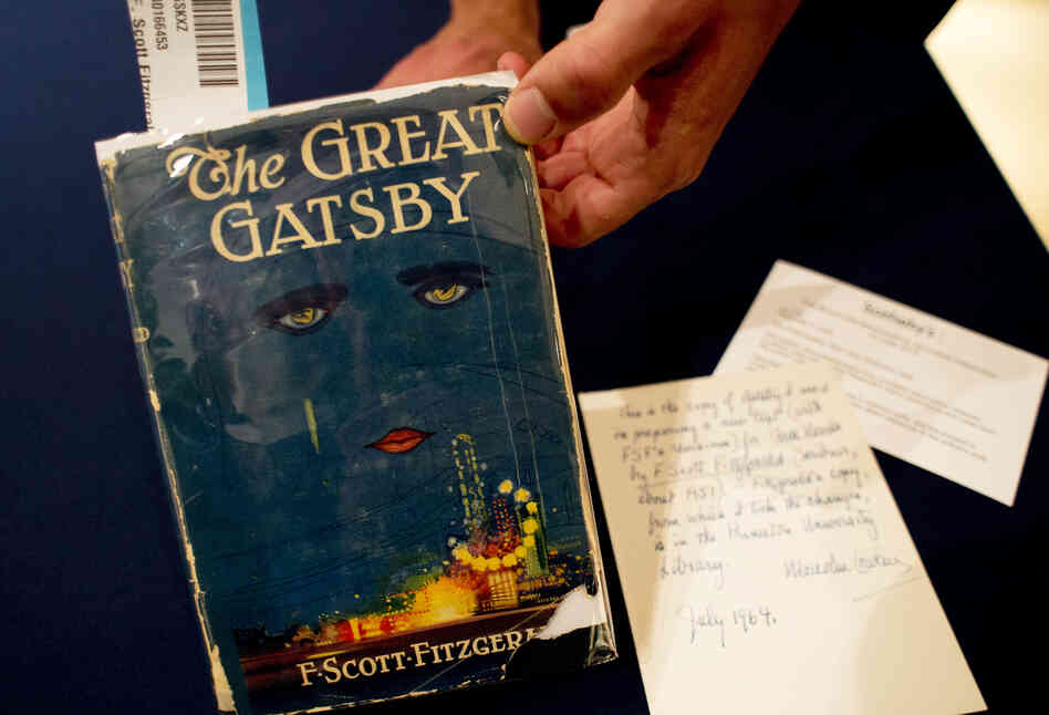 A copy of The Great Gatsby by F. Scott Fitzgerald is displayed at Sotheby's in New York. A copy of The Great Gatsby by F. Scott Fitzgerald is displayed at Sotheby's in New York.