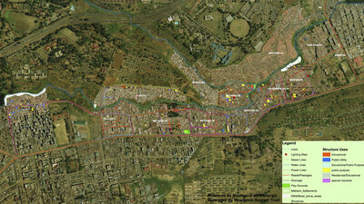The Mathare Valley, shown here in an aerial map, is one of the largest and oldest slums in Nairobi, Kenya. Residents are using hand-held GPS devices to map the area, which comprises 13 villages and is home to nearly 200,000 people.